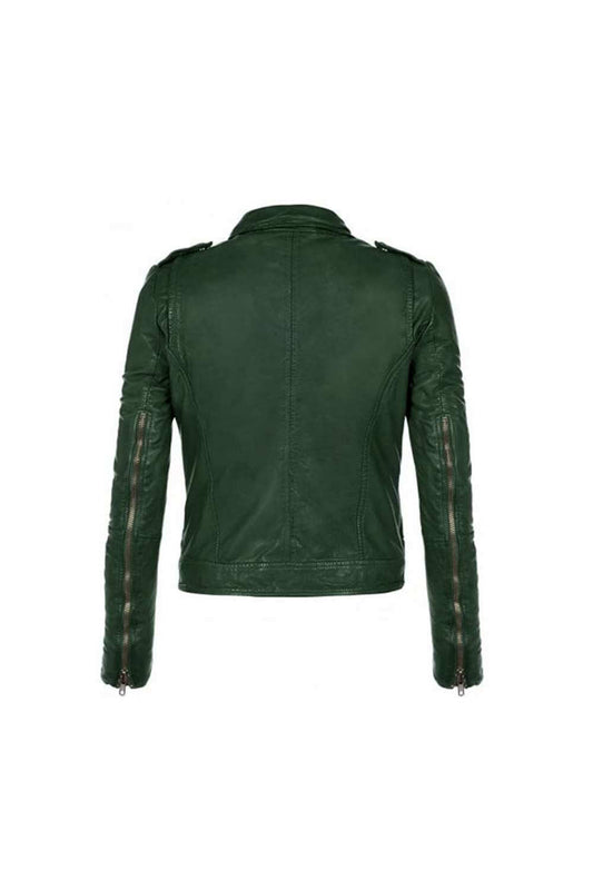 Asymmetrical Collar Style Green Motorcycle Jacket