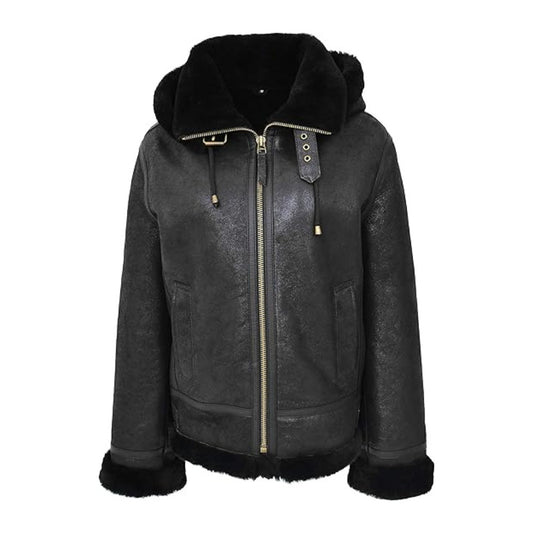 Women’s Hooded Fur Lined Shearling B3 Bomber Style Leather Jacket